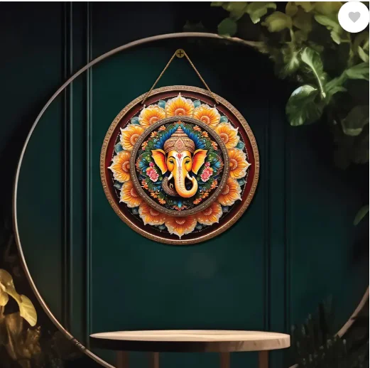 Divinity Decor Ganesh Ji in orange and golden mandala Wooden wall Hanging