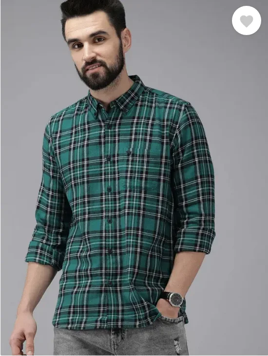 Men Slim Fit Checkered Button Down Collar Casual Shirt