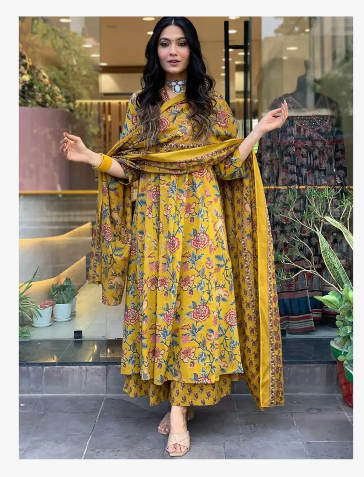 GoSriKi Women's Rayon Viscose Anarkali Printed Kurta with Palazzo & Dupatta