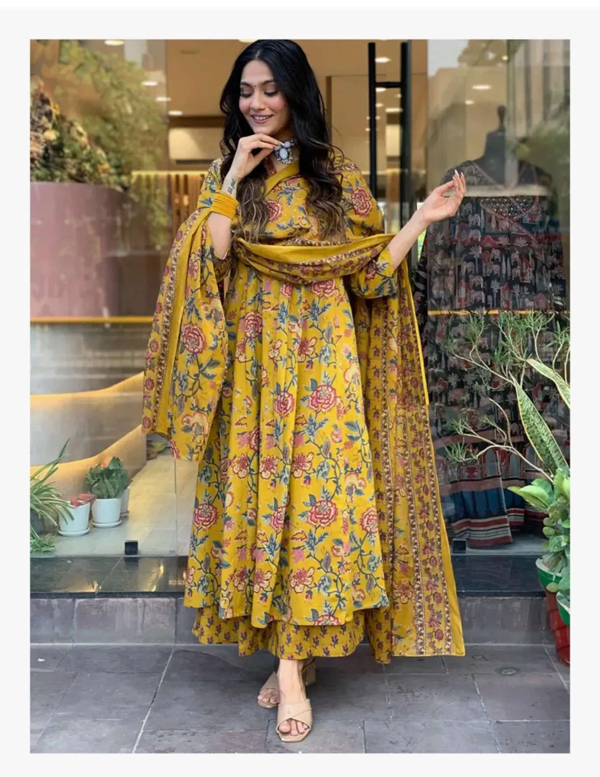 GoSriKi Women's Rayon Viscose Anarkali Printed Kurta with Palazzo & Dupatta