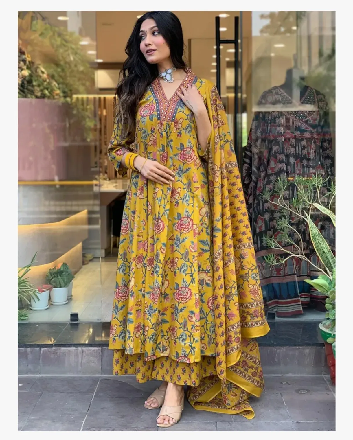 GoSriKi Women's Rayon Viscose Anarkali Printed Kurta with Palazzo & Dupatta