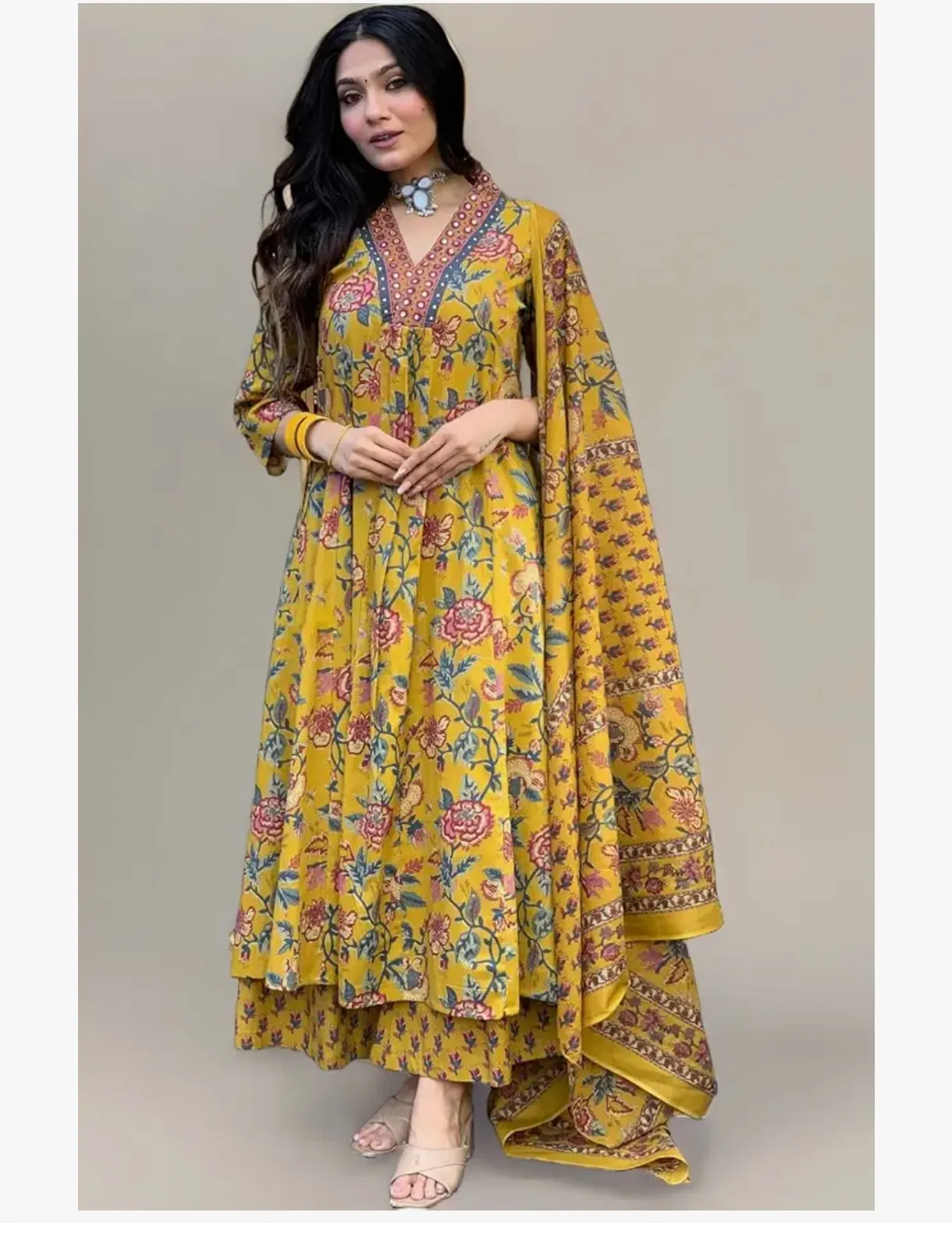 GoSriKi Women's Rayon Viscose Anarkali Printed Kurta with Palazzo & Dupatta