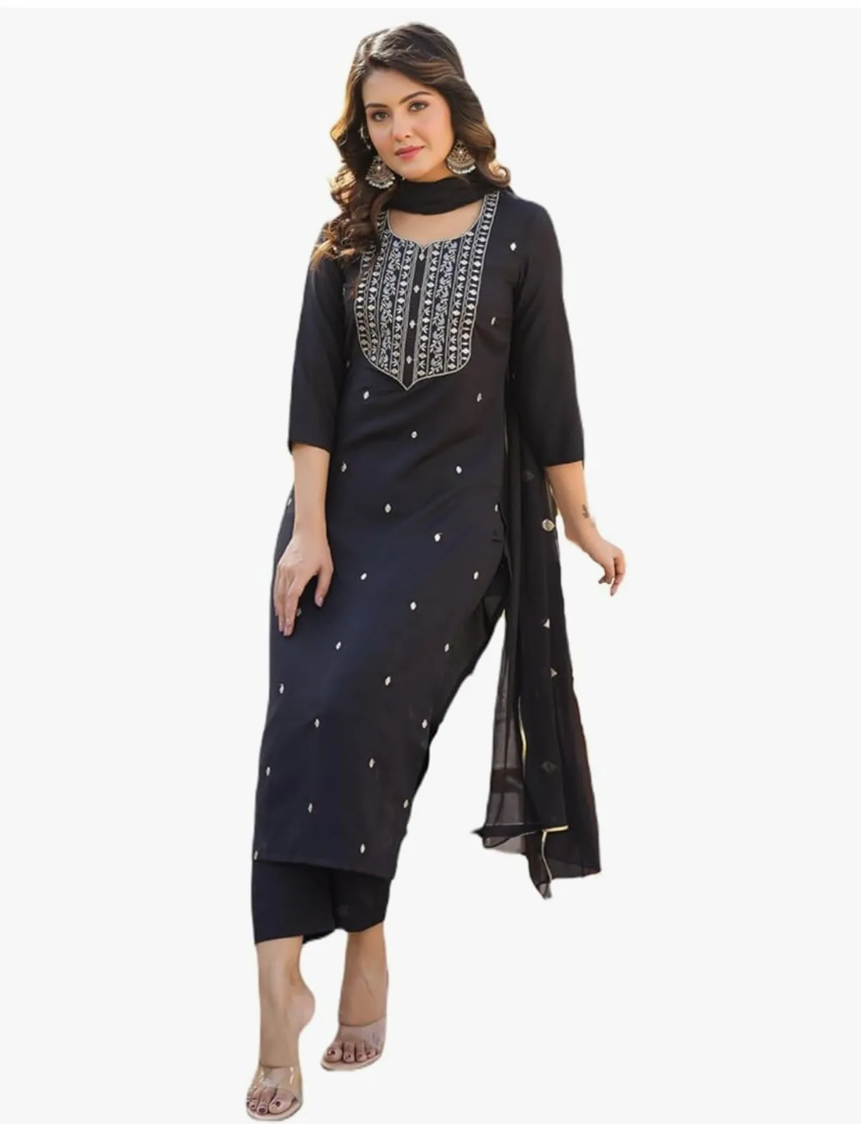 GoSriKi Women’s Cotton Blend Embroidered Kurta Set with Pant & Dupatta