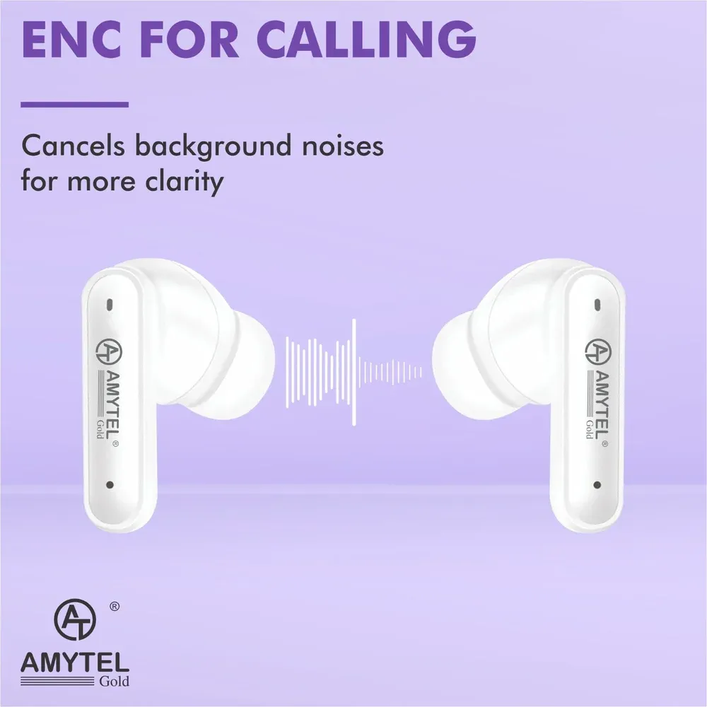 AMYTEL TWS WHITE Earbud Bluetooth (White, True Wireless), Noise Cancellation: Environmental (ENC)