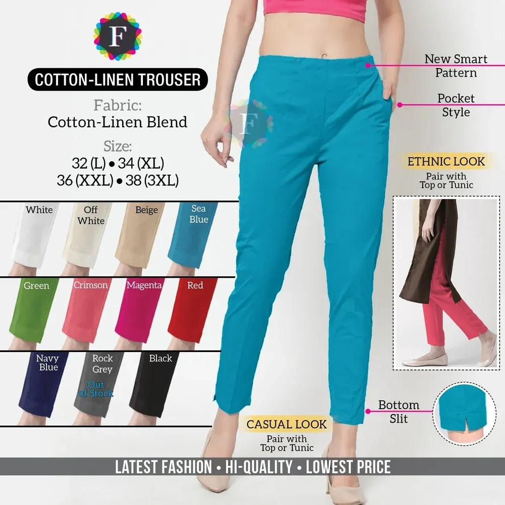 Plain Formal Wear Cotton Summer Linen Women Pant Trouser