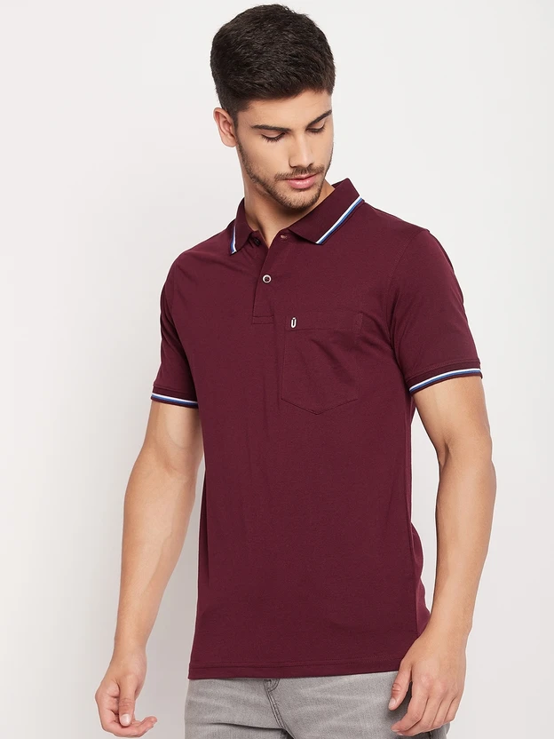 UNIBERRY Solid Men Polo Neck Maroon T-Shirt