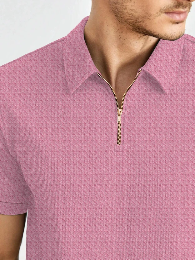 BROWEARS Self Design Men Zip Neck Pink T-Shirt