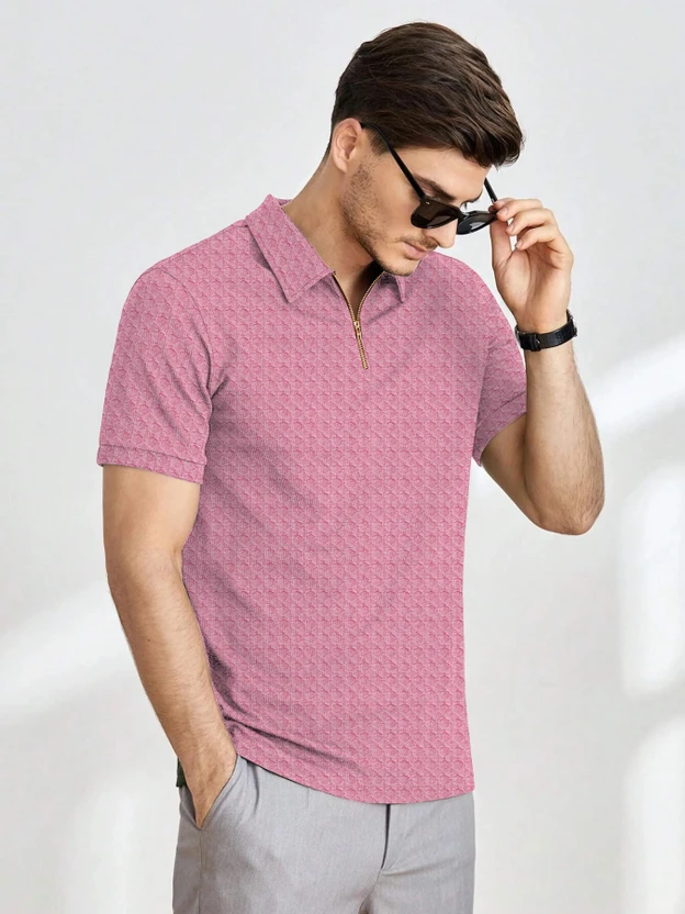 BROWEARS Self Design Men Zip Neck Pink T-Shirt