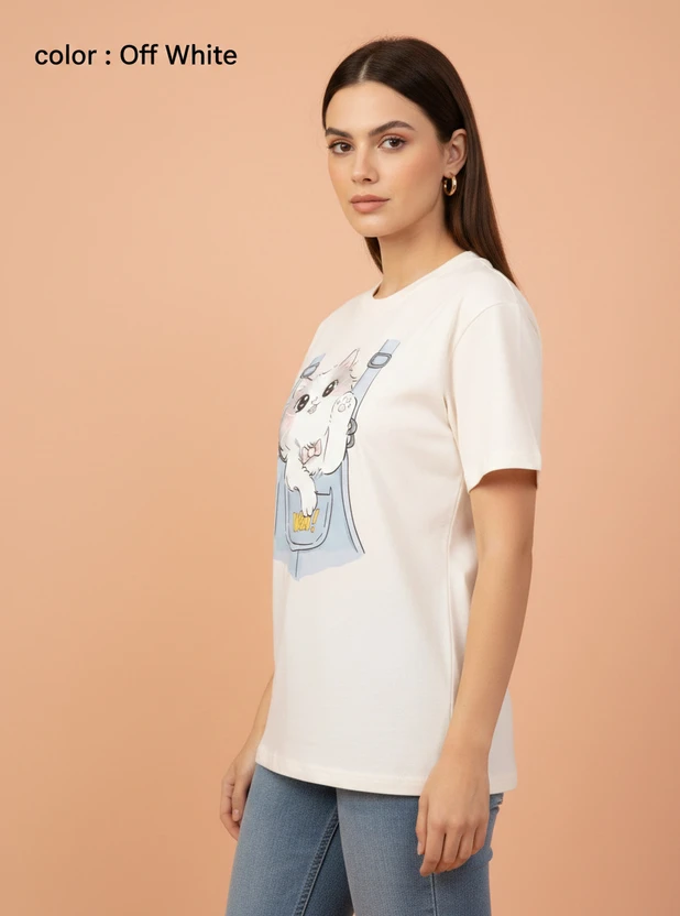 COTNIX Graphic Print Women Round Neck White T-Shirt