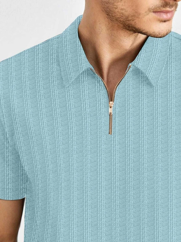 BROWEARS Self Design Men Polo Neck Light Blue T-Shirt