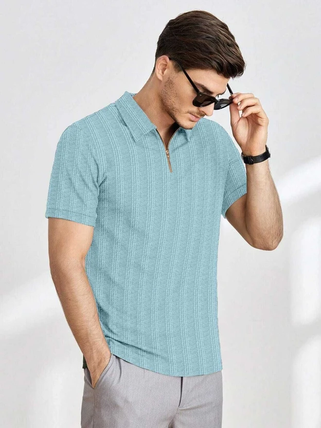 BROWEARS Self Design Men Polo Neck Light Blue T-Shirt