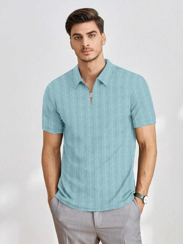 BROWEARS Self Design Men Polo Neck Light Blue T-Shirt