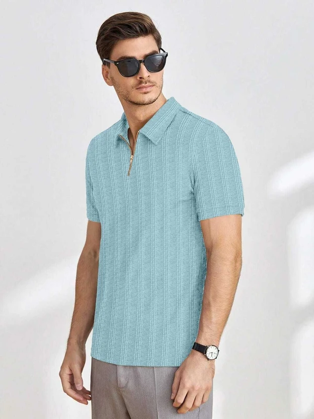 BROWEARS Self Design Men Polo Neck Light Blue T-Shirt