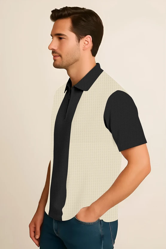 KAJARU Self Design Men Zip Neck Beige, Black T-Shirt