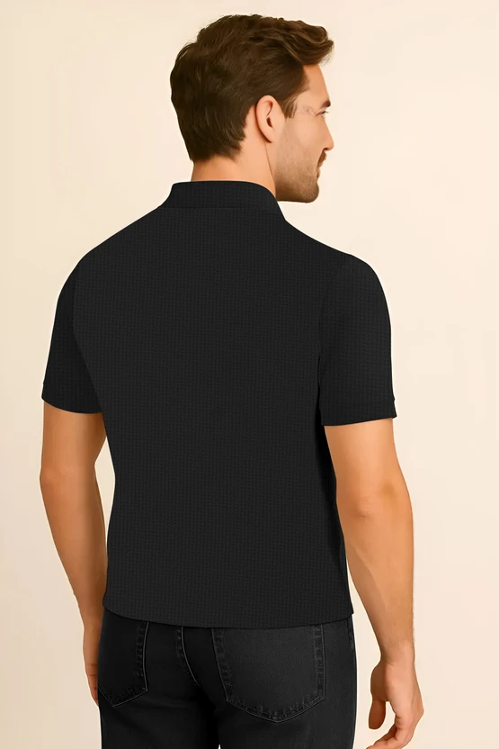 KAJARU Self Design Men Zip Neck Beige, Black T-Shirt