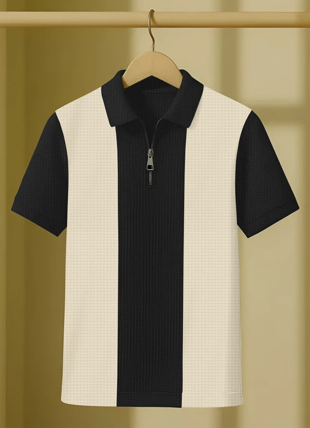 KAJARU Self Design Men Zip Neck Beige, Black T-Shirt