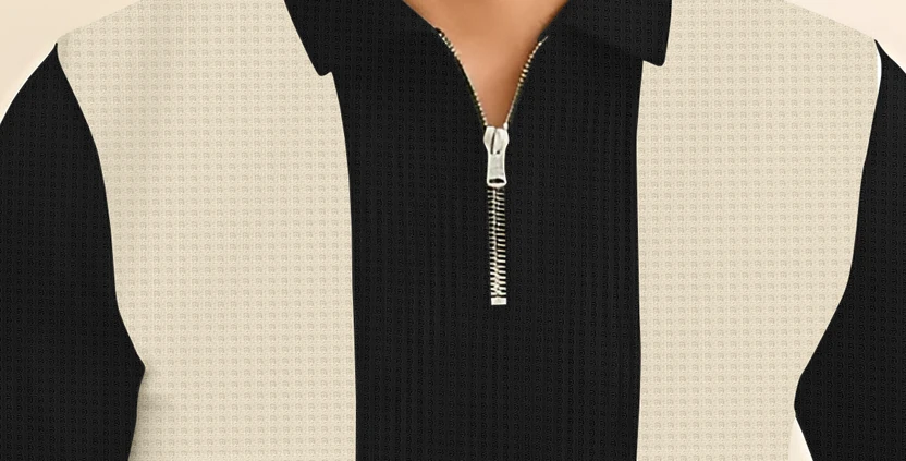 KAJARU Self Design Men Zip Neck Beige, Black T-Shirt