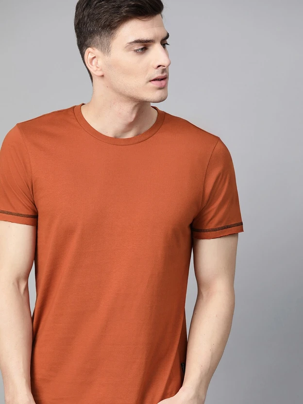 Roadster Solid Men Round Neck Brown T-Shirt