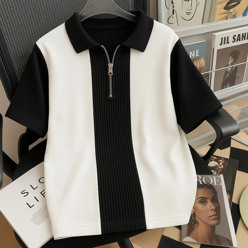 Try This Self Design Men Zip Neck White, Black T-Shirt