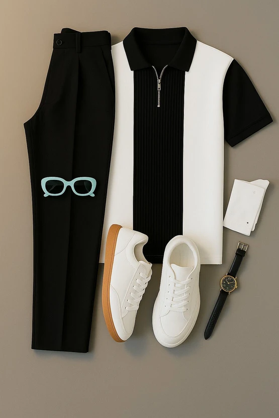 Try This Self Design Men Zip Neck White, Black T-Shirt