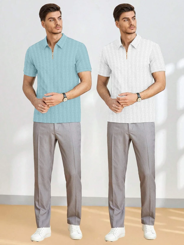 mozero Self Design Men Zip Neck White, Light Blue T-Shirt