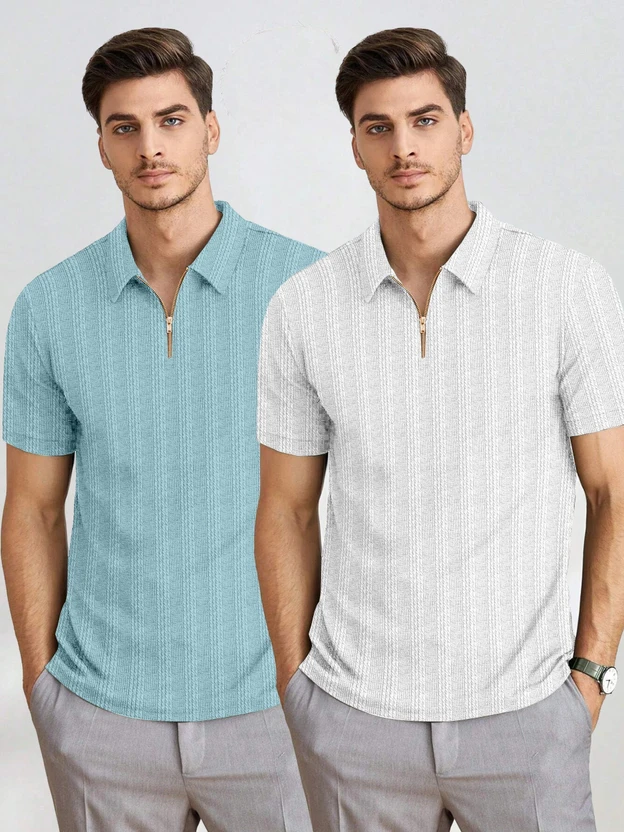 mozero Self Design Men Zip Neck White, Light Blue T-Shirt