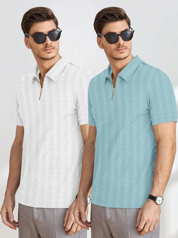 mozero Self Design Men Zip Neck White, Light Blue T-Shirt