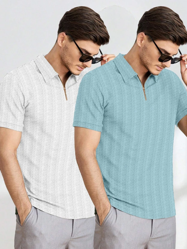 mozero Self Design Men Zip Neck White, Light Blue T-Shirt