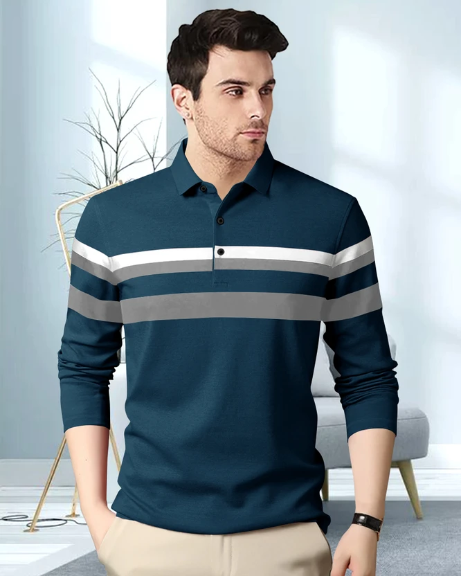 SCOWET Colorblock Men Polo Neck Blue T-Shirt