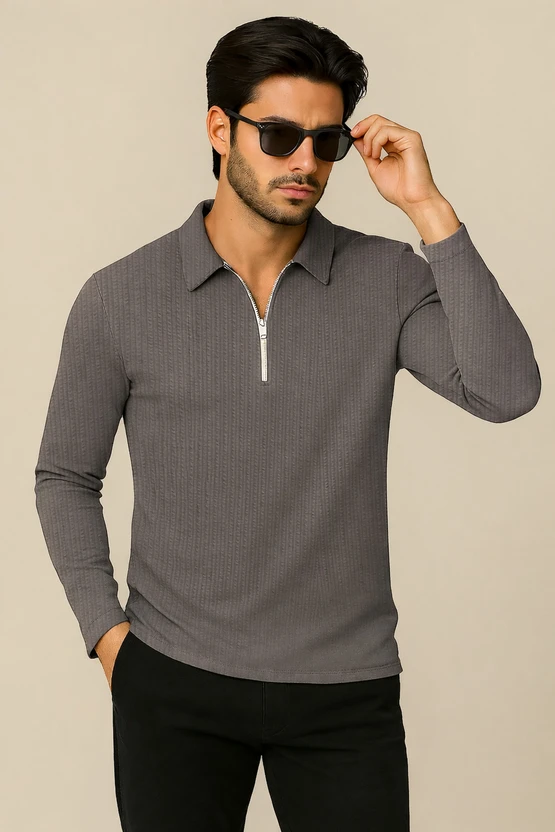 HELMONT Self Design Men Zip Neck Grey, Dark Green T-Shirt