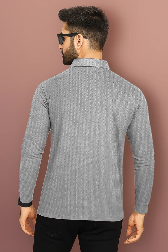 HELMONT Self Design Men Zip Neck Grey, Dark Green T-Shirt