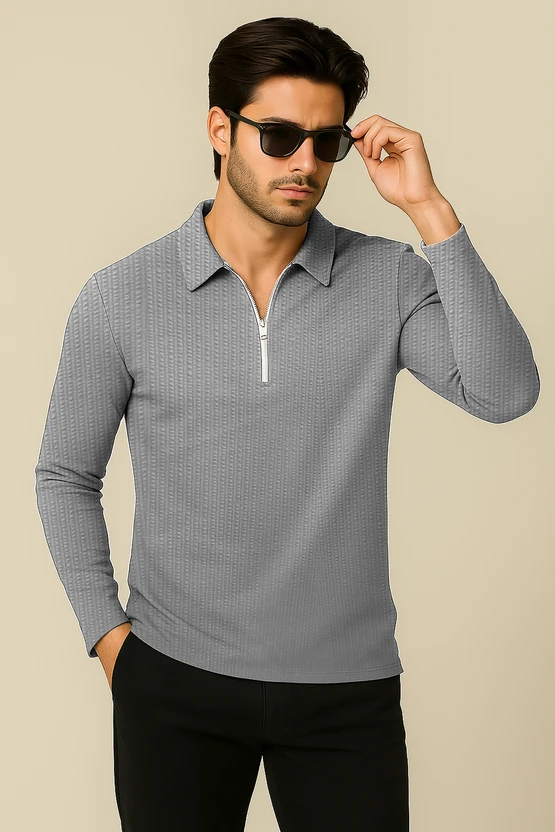 HELMONT Self Design Men Zip Neck Grey, Dark Green T-Shirt