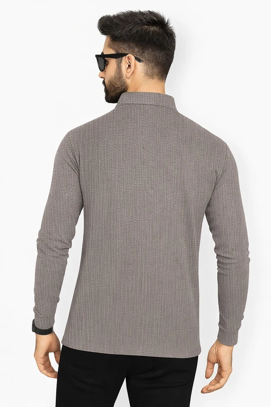 HELMONT Self Design Men Zip Neck Grey, Dark Green T-Shirt