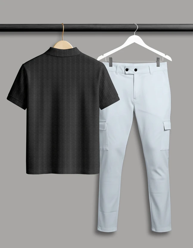 COMBRAIDED Self Design Men Polo Neck Black, Grey T-Shirt