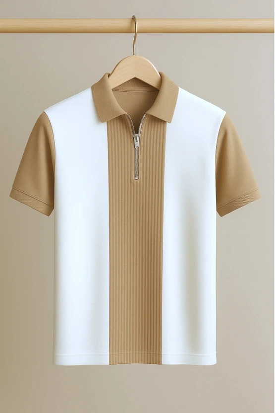 Try This Checkered Men Zip Neck Brown, White T-Shirt