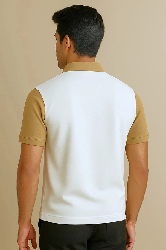 Try This Checkered Men Zip Neck Brown, White T-Shirt