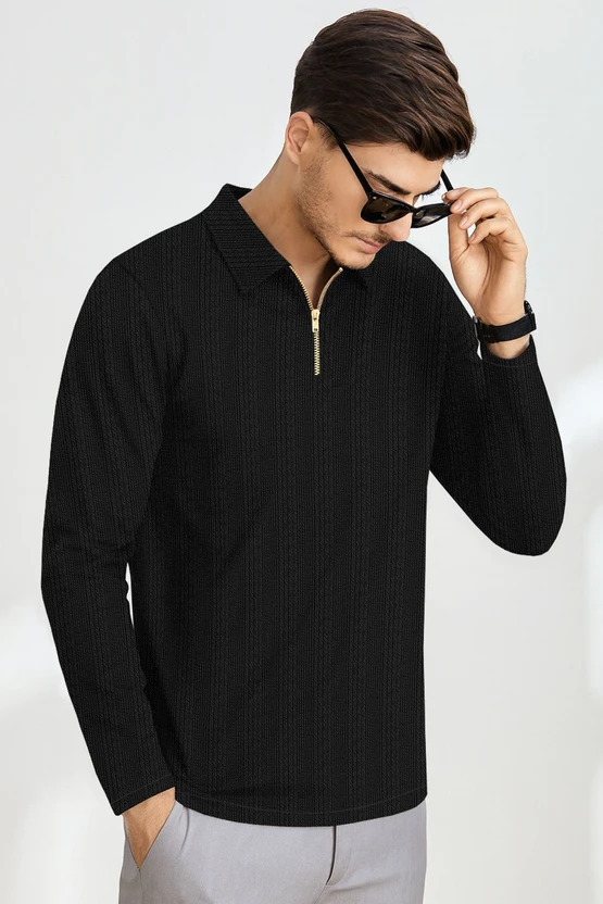 ytrick Solid Men Zip Neck Black T-Shirt
