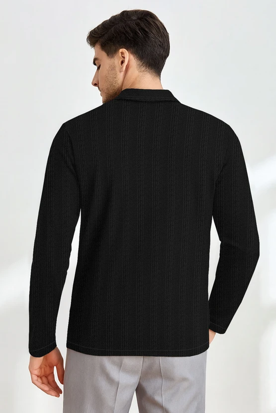 ytrick Solid Men Zip Neck Black T-Shirt