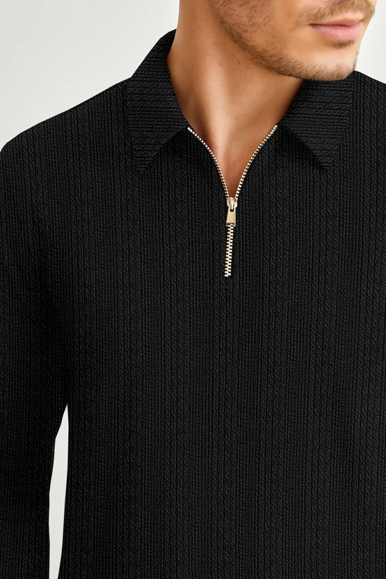 ytrick Solid Men Zip Neck Black T-Shirt