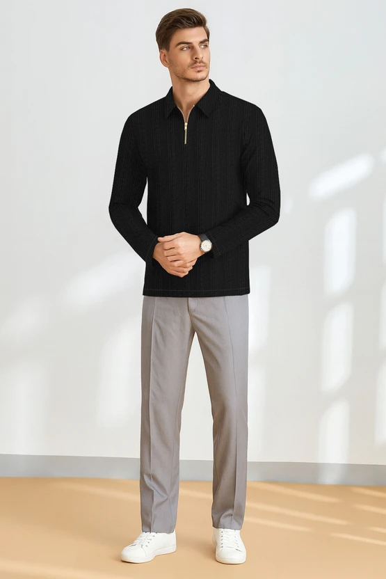 ytrick Solid Men Zip Neck Black T-Shirt