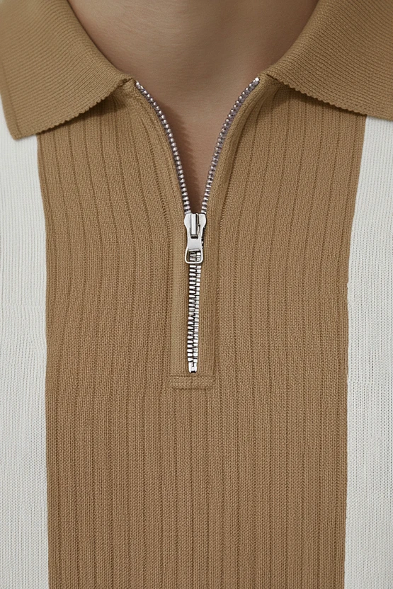 Try This Striped Men Zip Neck Brown T-Shirt