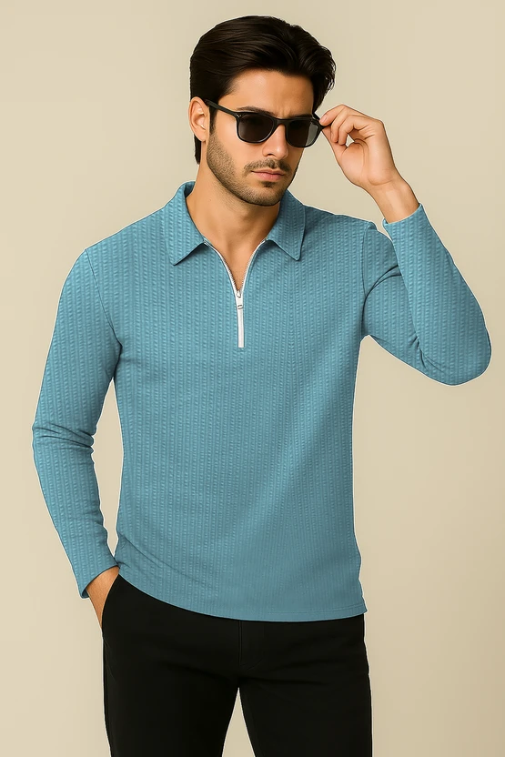 HELMONT Self Design Men Zip Neck Green, Dark Green T-Shirt