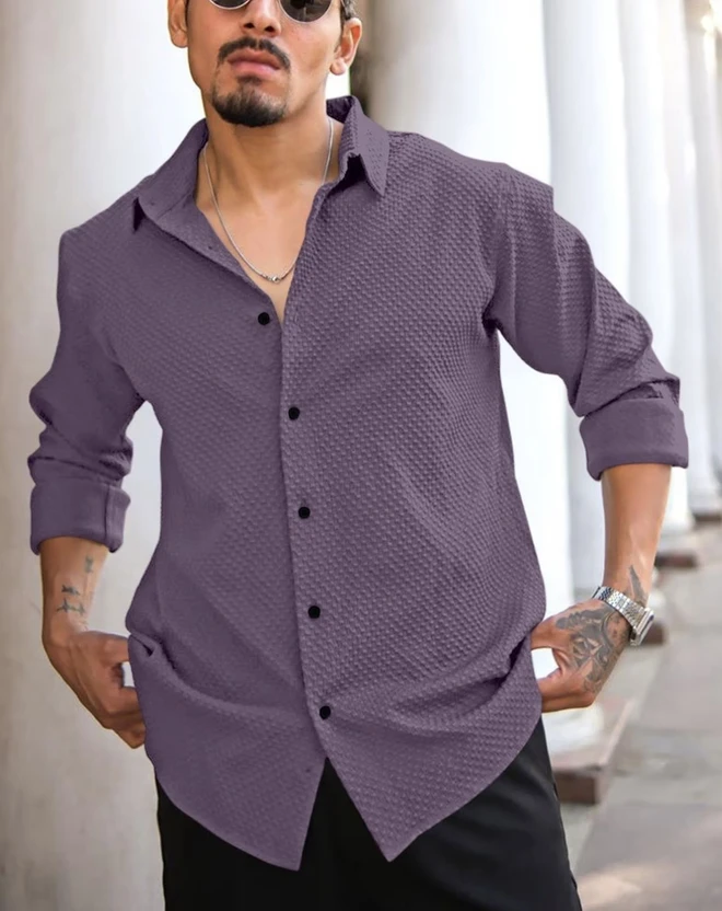 JACKBELLA Men Self Design Casual Purple Shirt