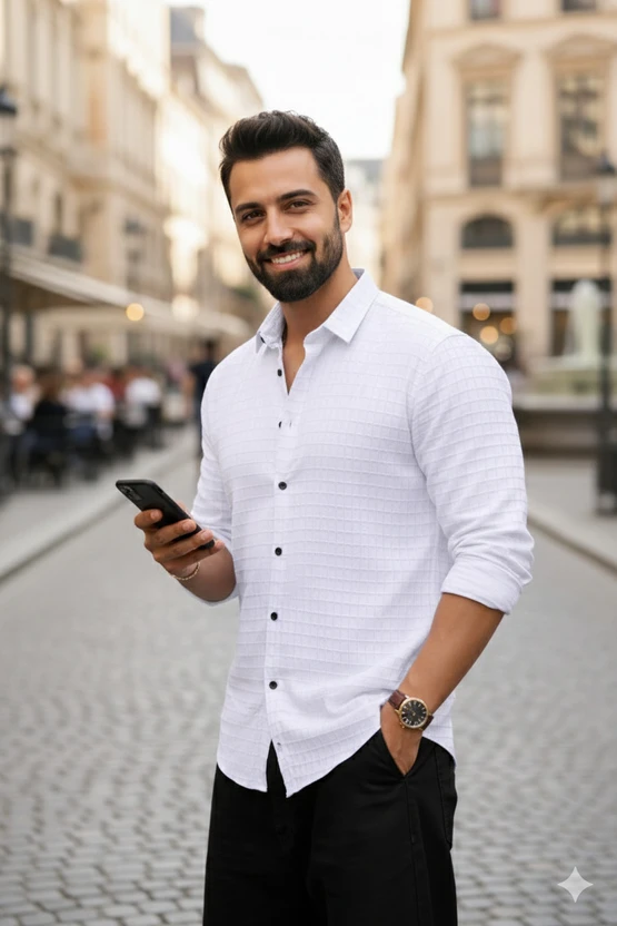 JACKBELLA Men Self Design Casual White Shirt