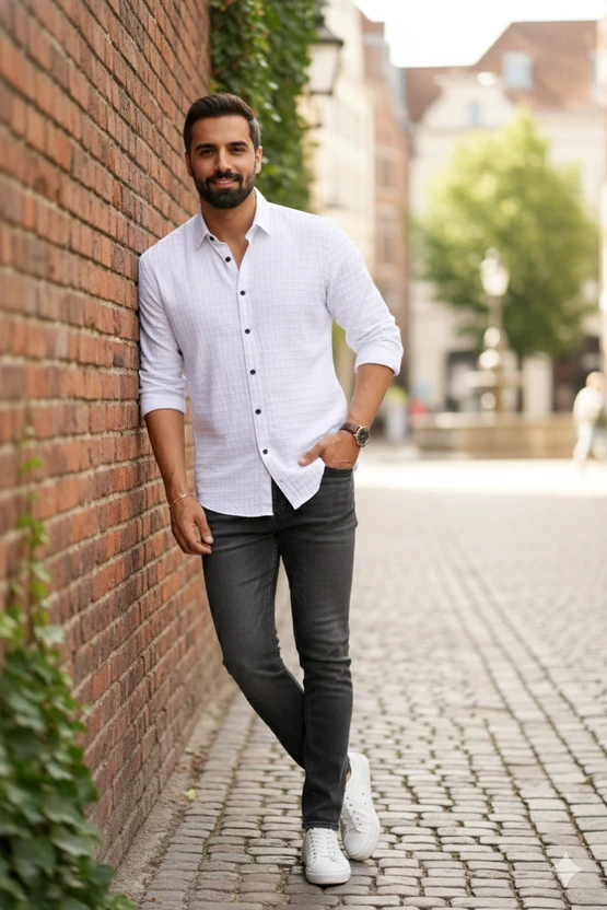 JACKBELLA Men Self Design Casual White Shirt