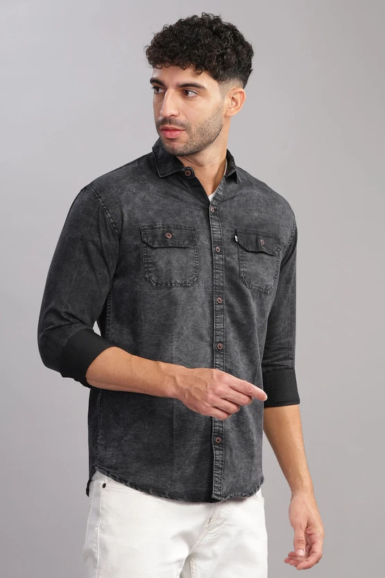 AIDAN PAUL Men Washed Casual Black Shirt