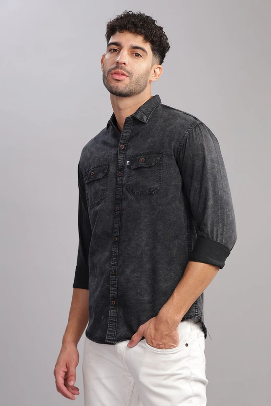AIDAN PAUL Men Washed Casual Black Shirt