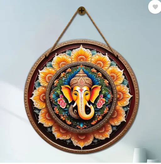 Divinity Decor Ganesh Ji in orange and golden mandala Wooden wall Hanging