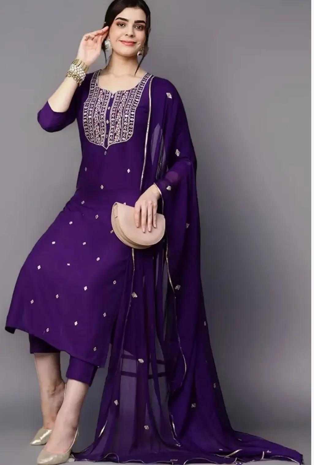 GoSriKi Women’s Cotton Blend Embroidered Kurta Set with Pant & Dupatta